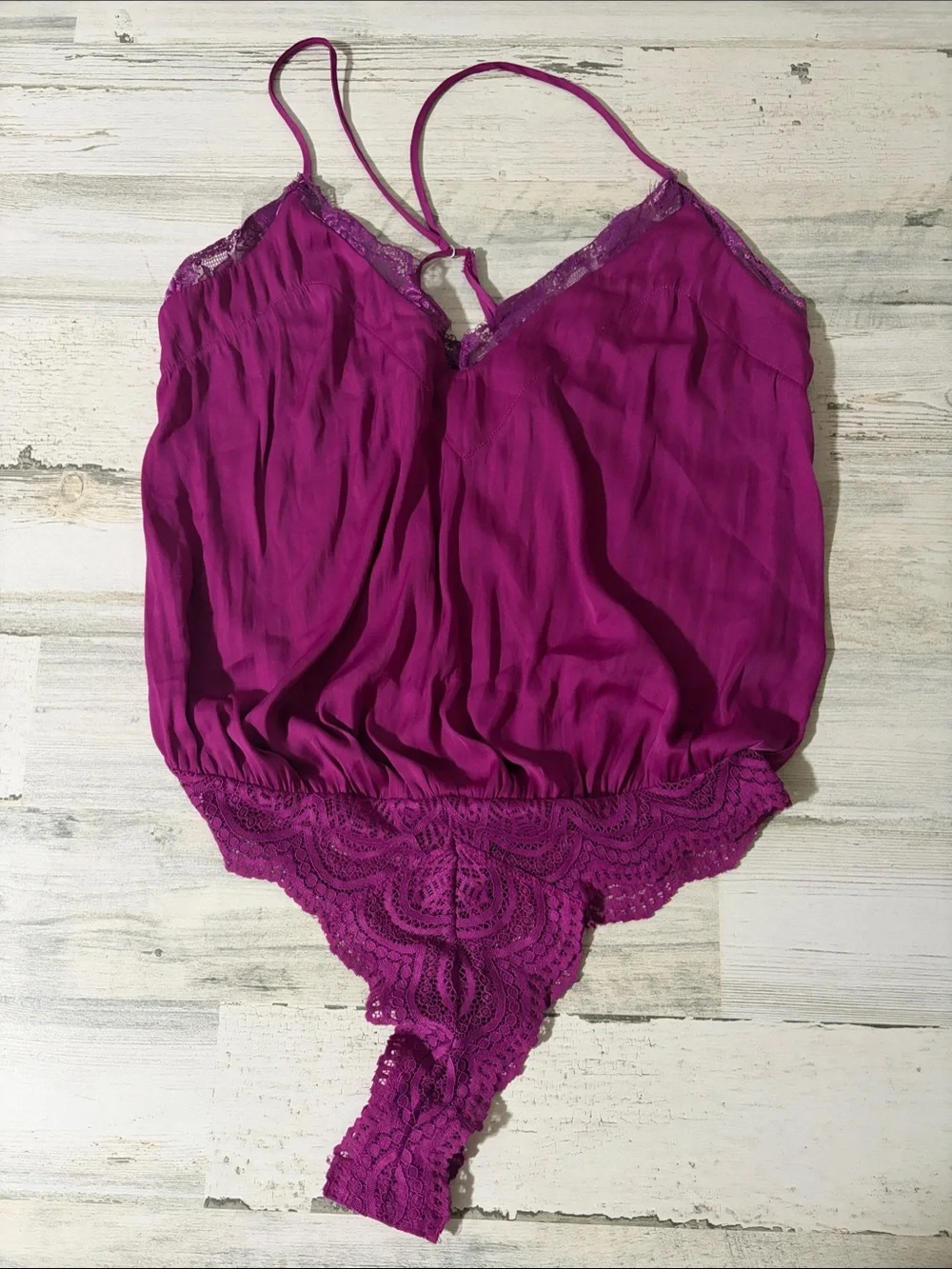 Free People Magenta Lace-Trim Satin-Look Bodysuit Size M